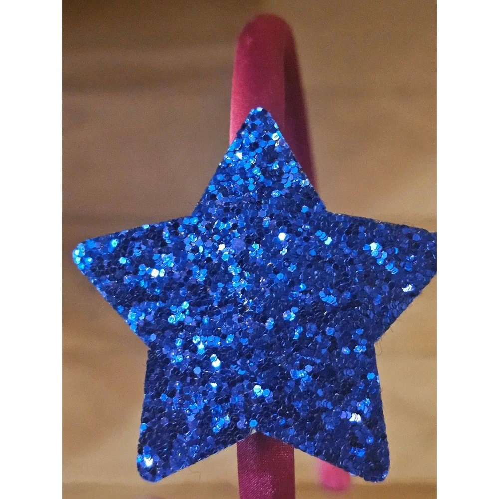 Girls Pink Satin Headband with Blue Glitter Star Hair Accessory Kids Sparkle